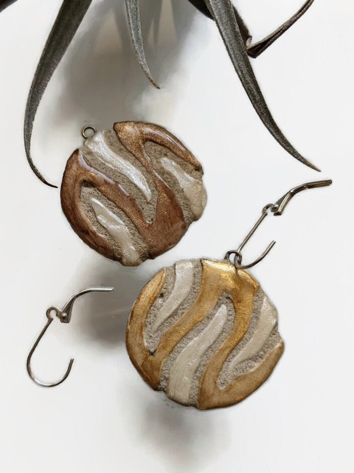 Wavy Striped Clay Earrings - REVERSIBLE Handmade Round Statement Earrings 012