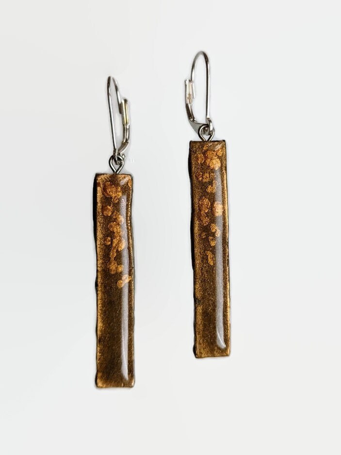 Gold Bar Earrings REVERSIBLE Ceramic Silver Stick Dangle 015