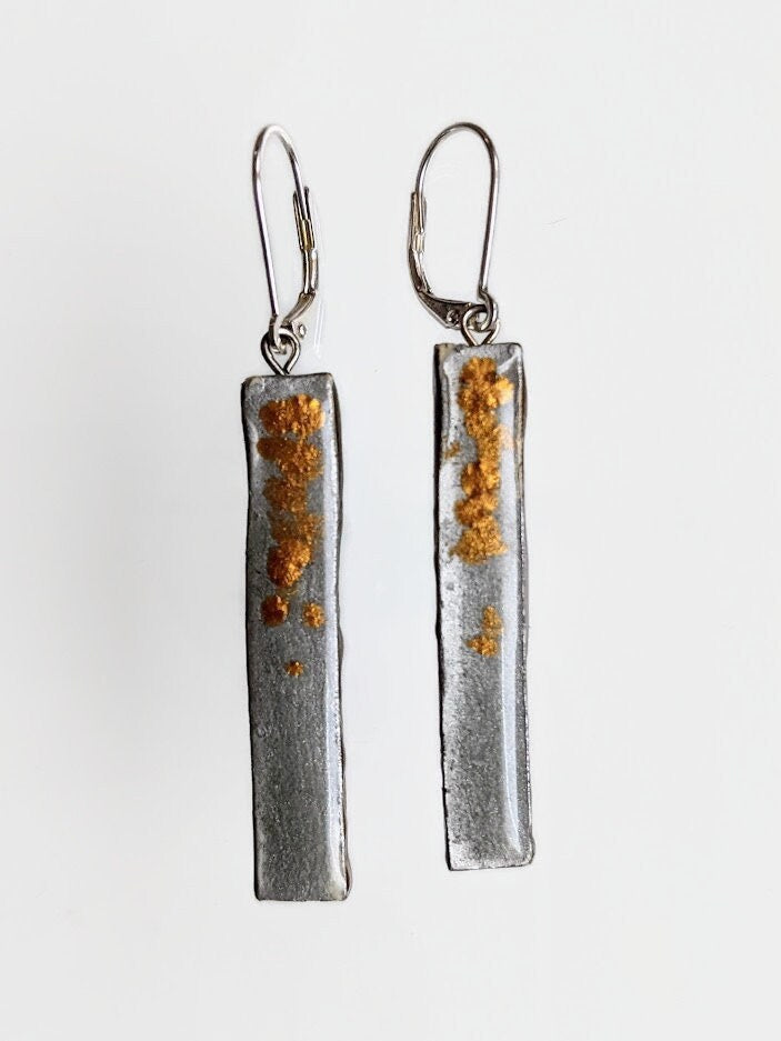 Gold Bar Earrings REVERSIBLE Ceramic Silver Stick Dangle 015