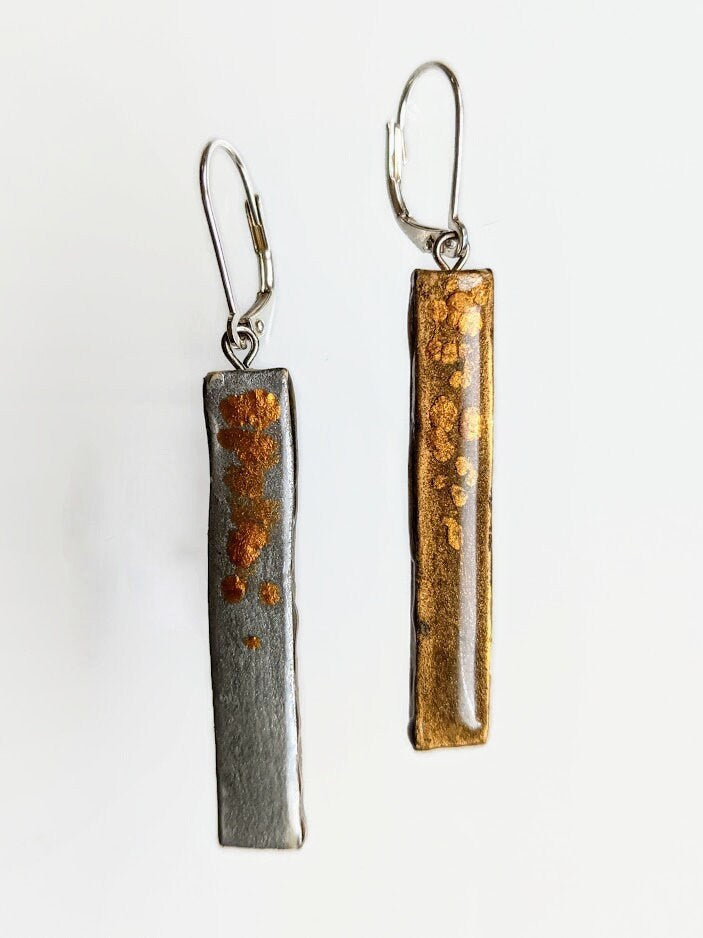 Gold Bar Earrings REVERSIBLE Ceramic Silver Stick Dangle 015