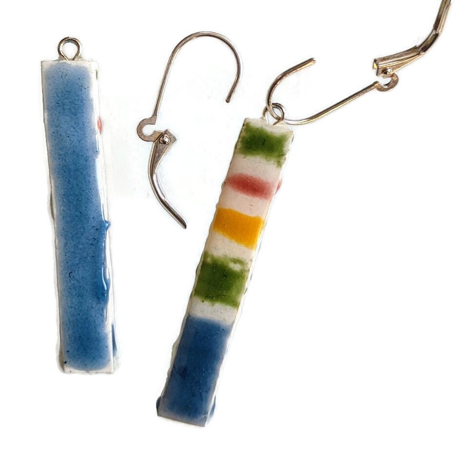 Striped Bar Earrings Handmade Ceramic REVERSIBLE Dangles 014