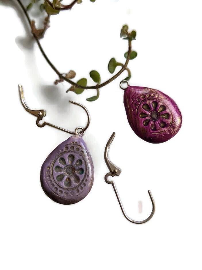 Amethyst Mandala Teardrop Earrings REVERSIBLE Ceramic Dangles