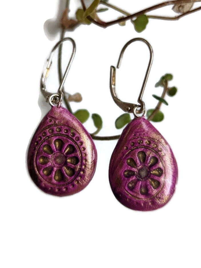 Amethyst Mandala Teardrop Earrings REVERSIBLE Ceramic Dangles