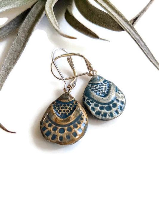 Aegean Blue Teardrop Earrings REVERSIBLE Clay Tile Jewelry