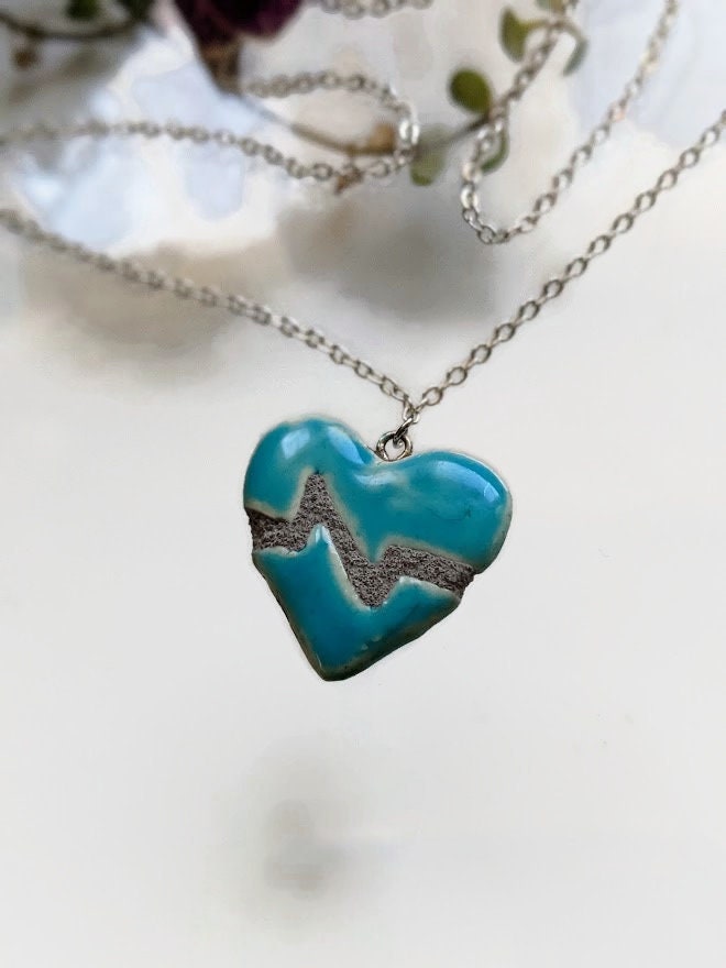 Beating Heart Necklace Turquoise and Jade REVERSIBLE Mosaic Tile Heartbeat Pendant