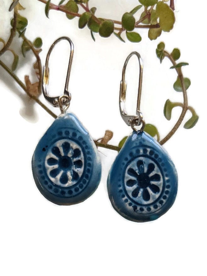 Turquoise and Navy Ceramic Teardrop Earrings REVERSIBLE 023