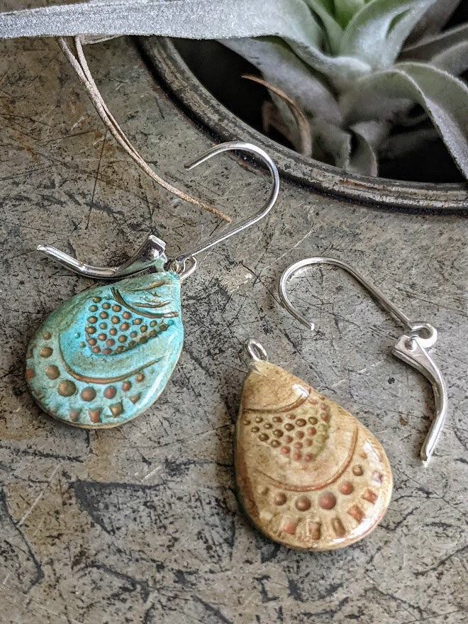 Ceramic Seashell Teardrop Earrings REVERSIBLE Turquoise and Beige Dangles 030