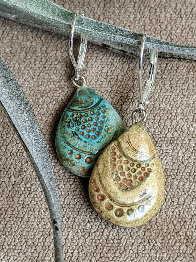 Ceramic Seashell Teardrop Earrings REVERSIBLE Turquoise and Beige Dangles 030