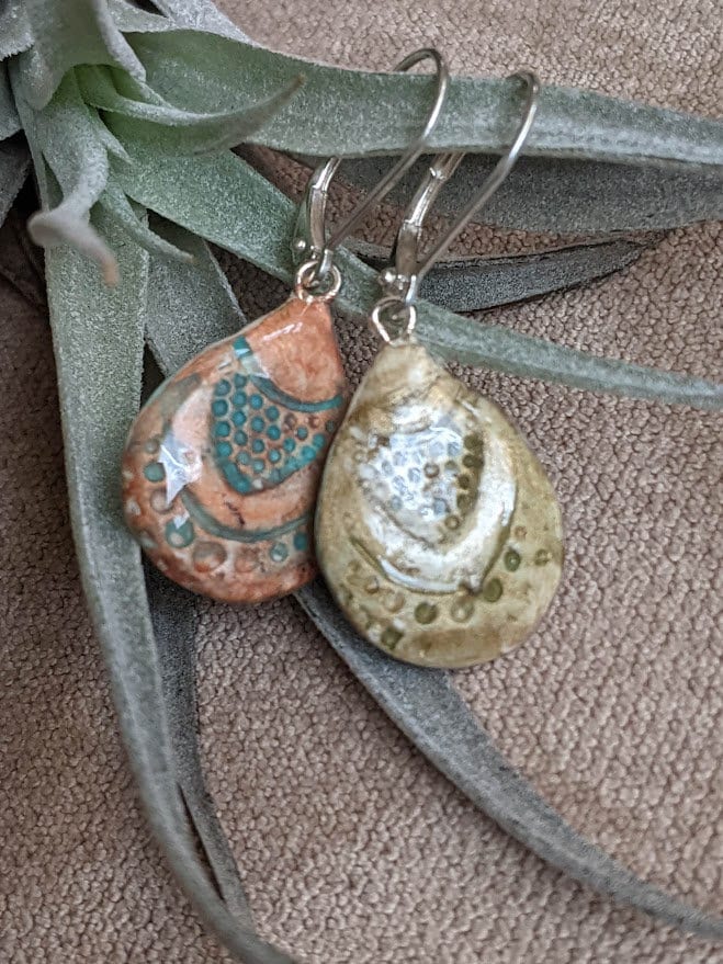 Seashell Teardrop Earrings REVERSIBLE Ceramic Tile Dangles 029