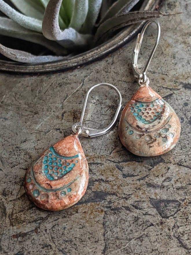 Seashell Teardrop Earrings REVERSIBLE Ceramic Tile Dangles 029