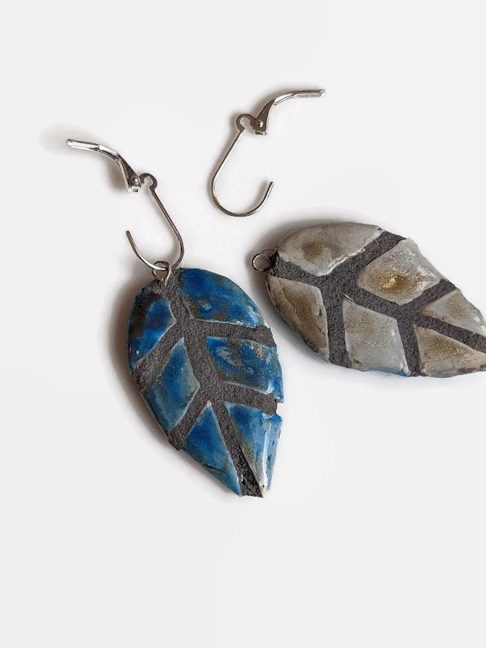 Blue Leaf Earrings REVERSIBLE Mosaic Tile with Silver and Gold Leaf Dangles 052