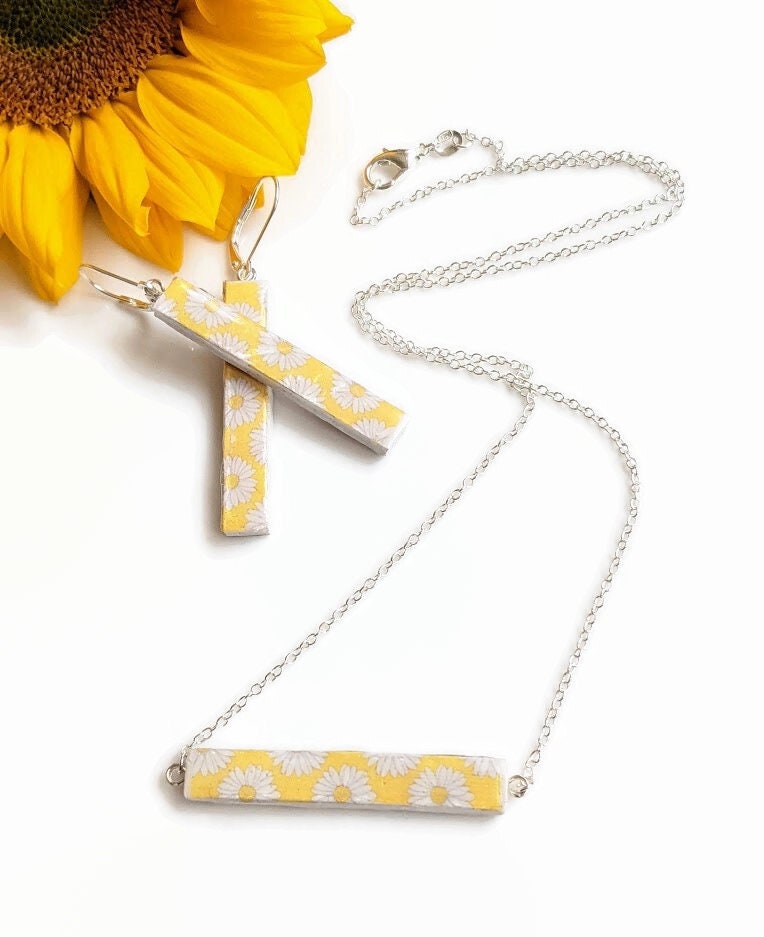 Daisy Bar REVERSIBLE Halskette Weiß Gelb Sommer Schmuck Geschenkset für Sie