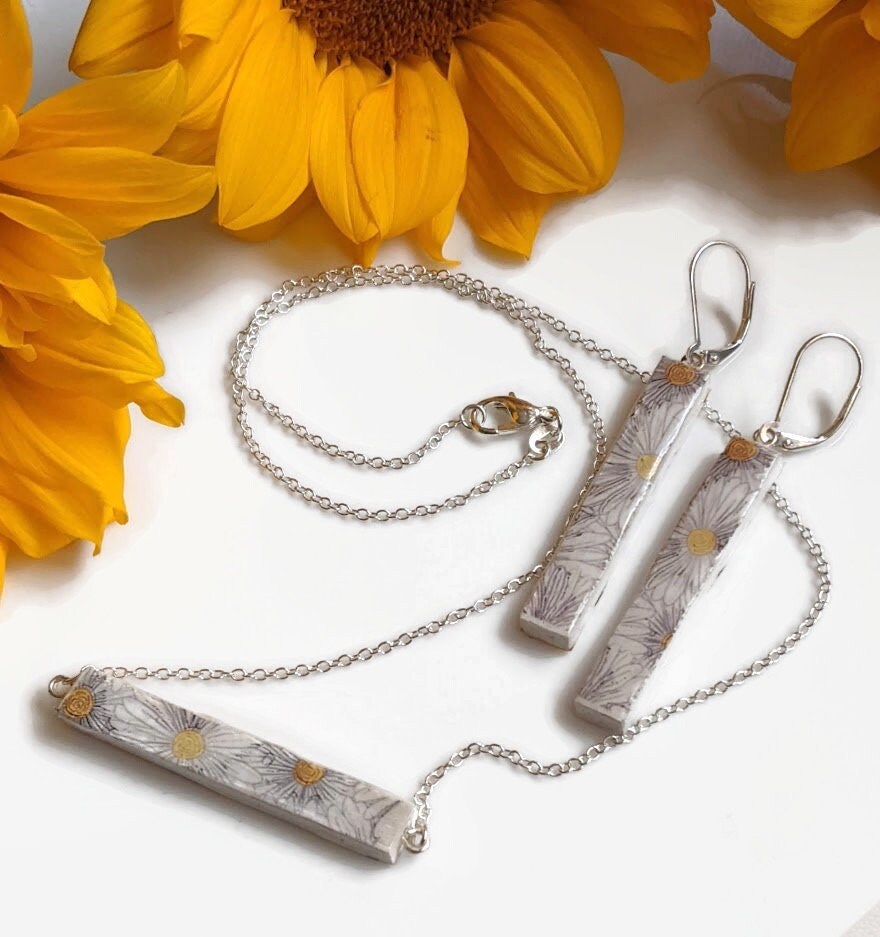 Daisy Bar Halskette und Ohrringe Gelb und Weiß Sommer Schmuck Geschenkset für Sie - WENDBAR