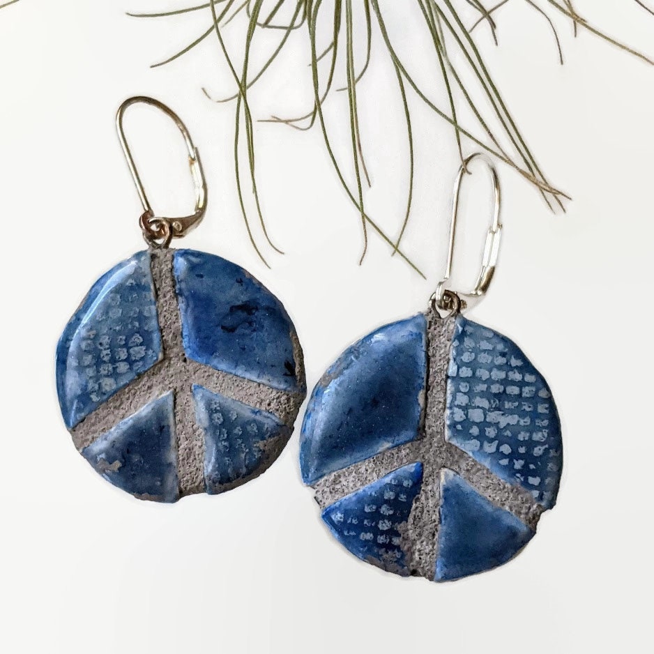 Peace Sign Earrings REVERSIBLE Mosaic Tile Ceramic Denim Fabric Look 040