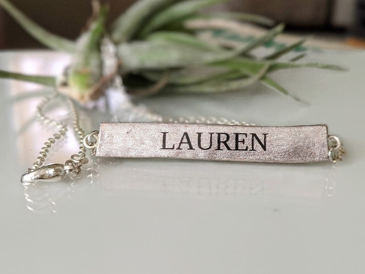 Personalized Bar Name Necklace Custom Champagne Satin Nickel finish