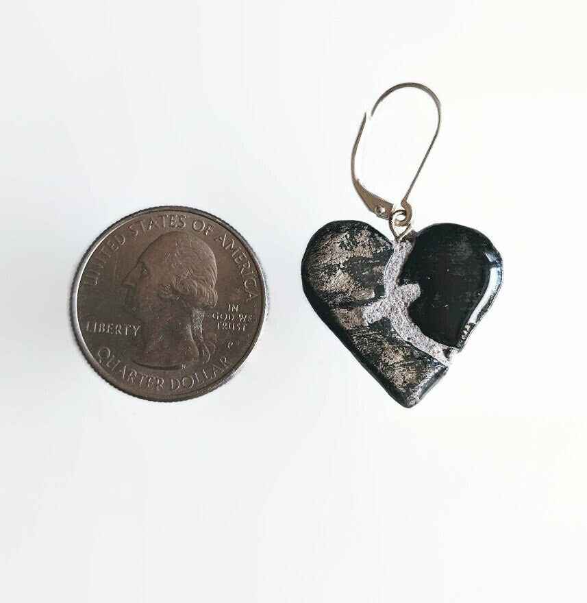 Silver Black Heart Earrings REVERSIBLE Handmade Mosaic Tile Sutured Heart Earrings 018