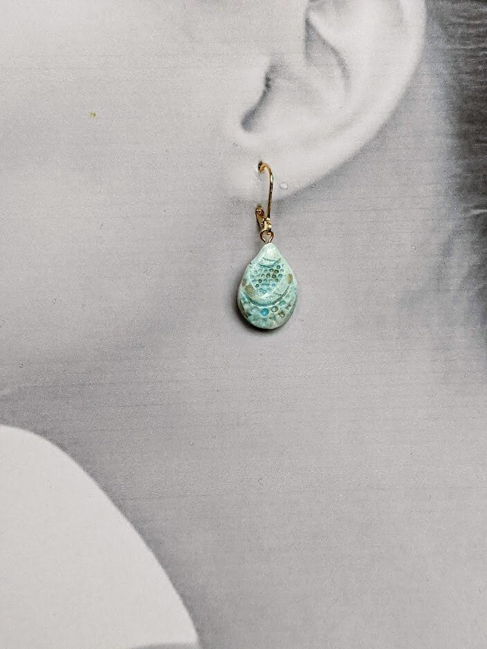 Teardrop Earrings Ceramic Ocean Sky Blue REVERSIBLE Dangle Emerald Jade Green  039