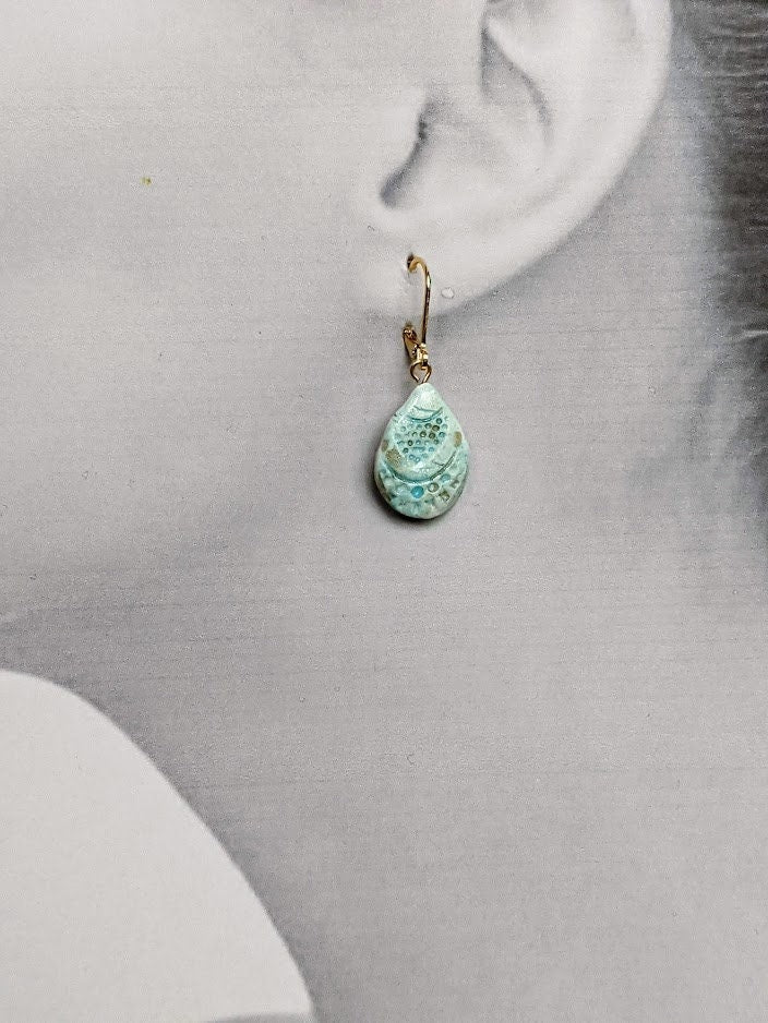 Emerald Green Ceramic Teardrop Earrings Ocean Sky Blue REVERSIBLE Dangle  039