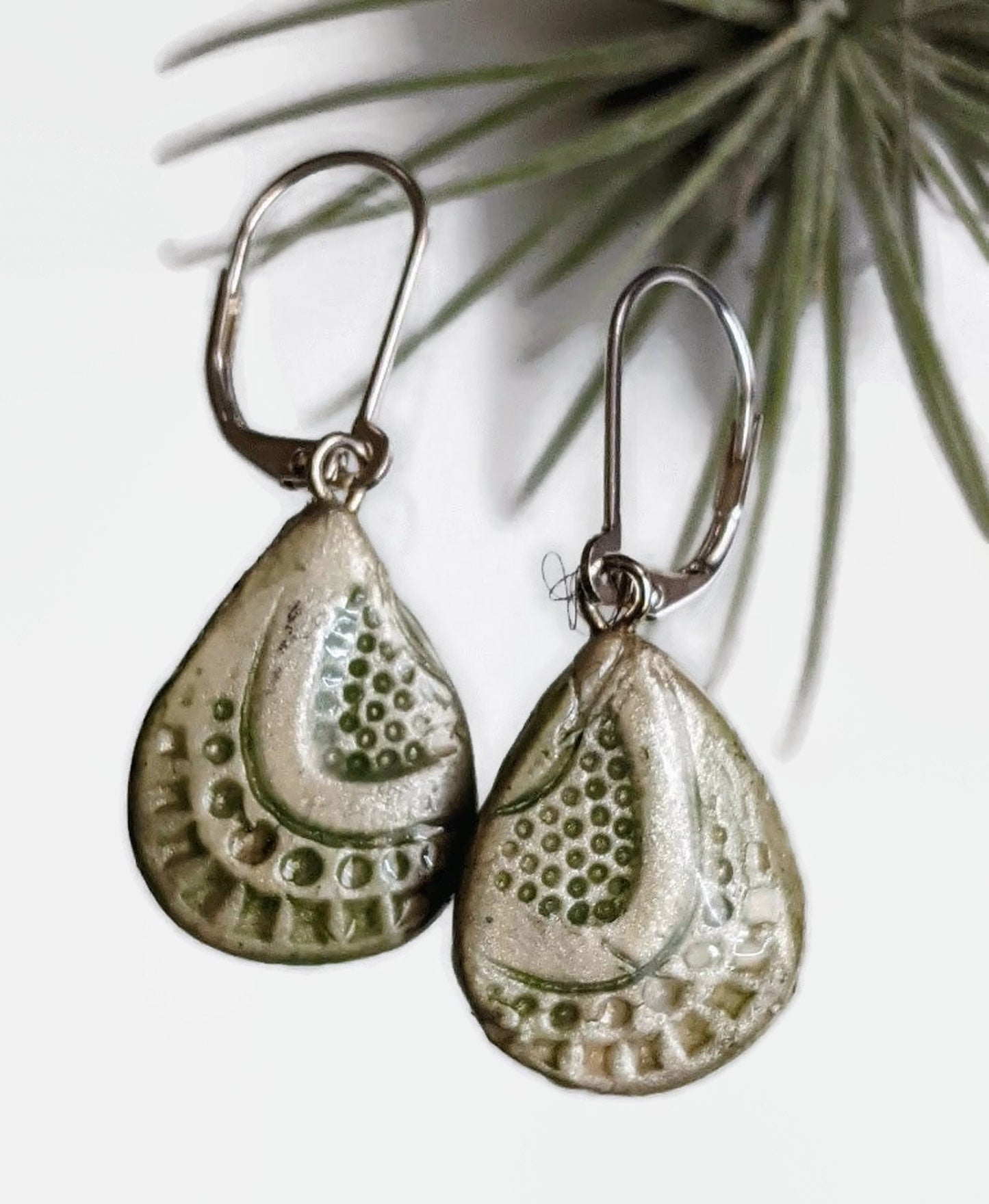 Ceramic Teardrop Earrings REVERSIBLE Green Dangles 044