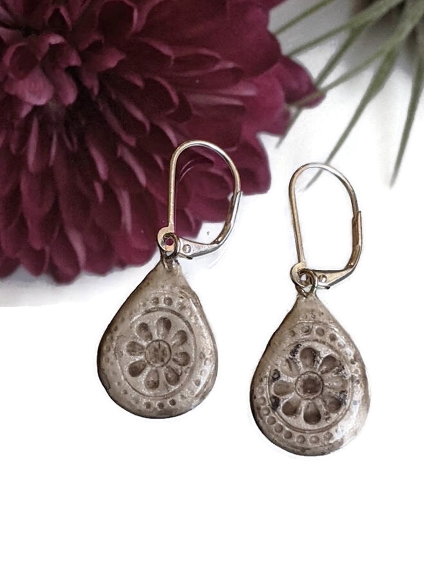 Ceramic Teardrop Earrings Steel Gray and Pearl White REVERSIBLE Dangles 041