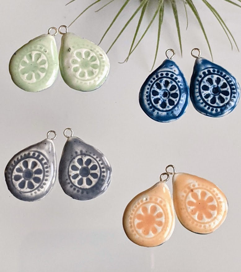 Ceramic Teardrop Earring REVERSIBLE Embossed Mandala Dangle 051