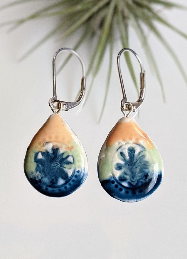 Ceramic Teardrop Earring REVERSIBLE Embossed Mandala Dangle 049