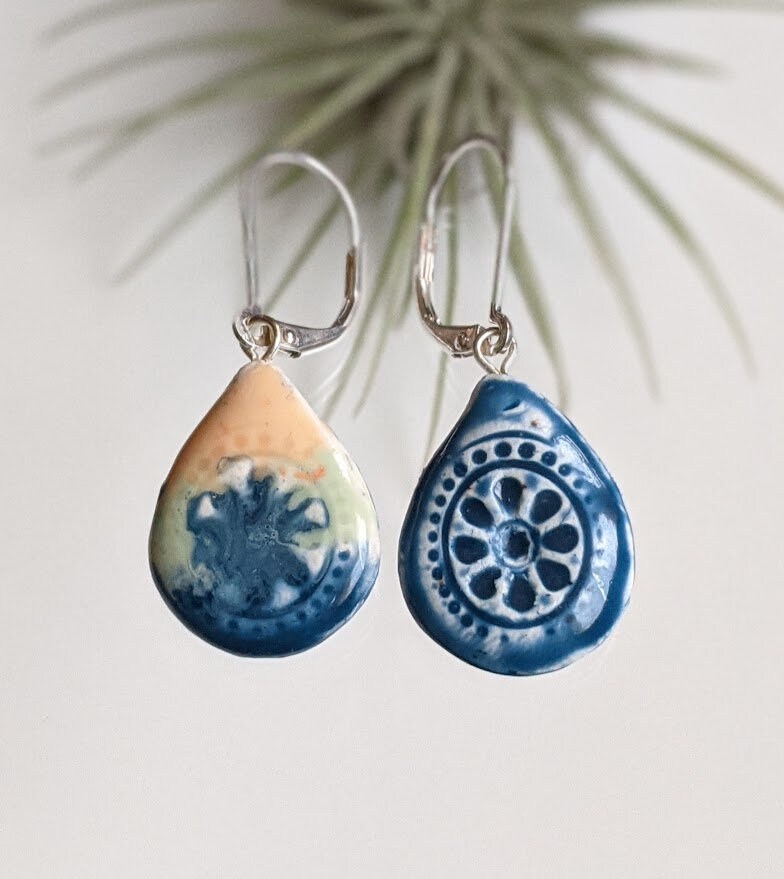 Ceramic Teardrop Earring REVERSIBLE Embossed Mandala Dangle 049