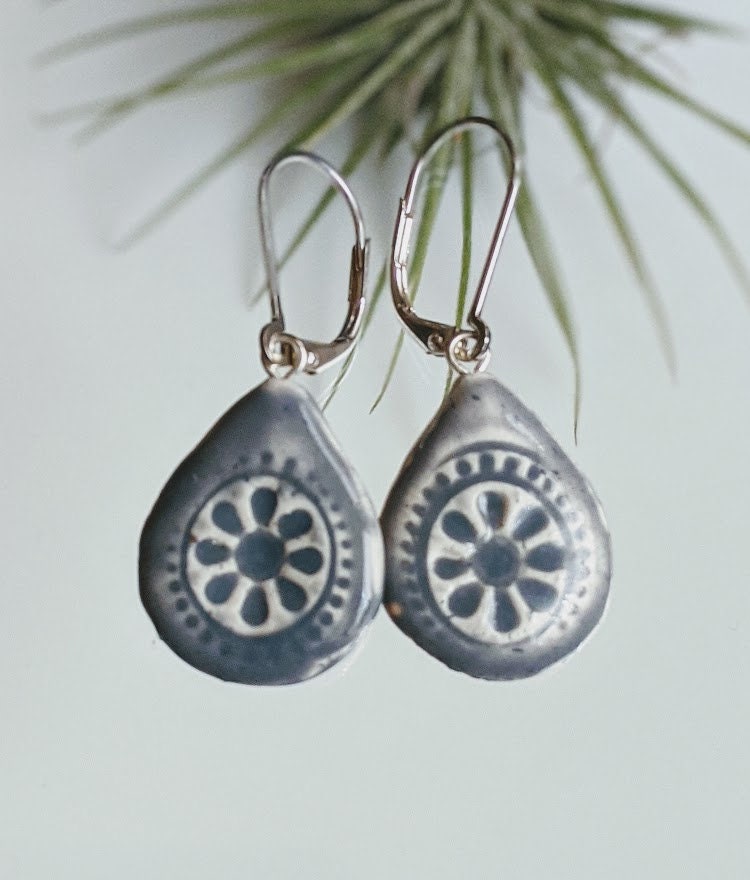 Ceramic Teardrop Earring REVERSIBLE Embossed Mandala Dangle 050