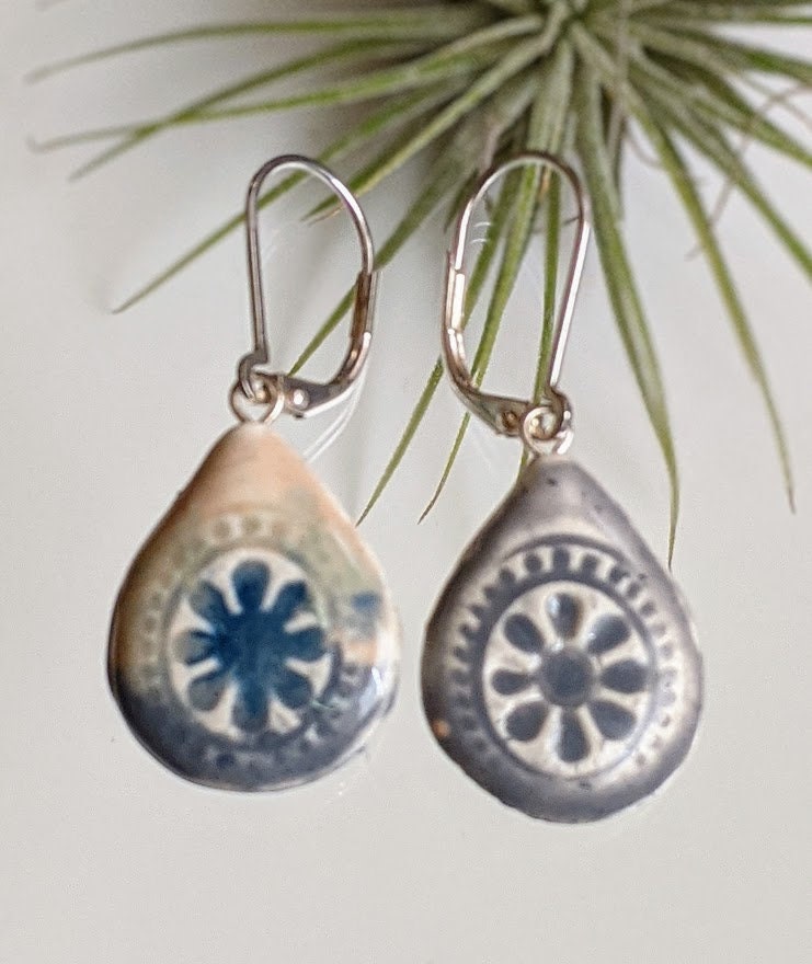 Ceramic Teardrop Earring REVERSIBLE Embossed Mandala Dangle 050