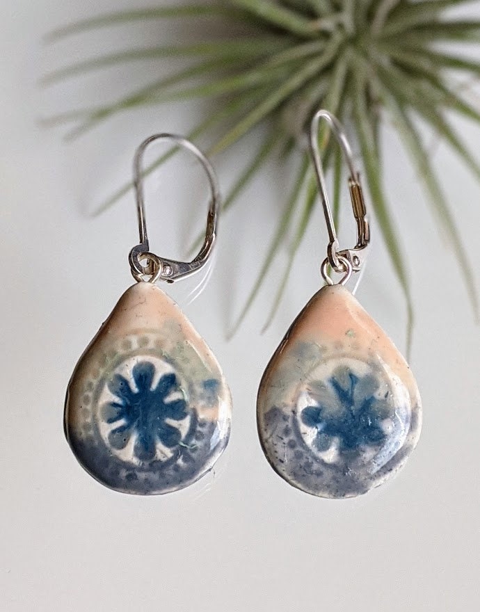 Ceramic Teardrop Earring REVERSIBLE Embossed Mandala Dangle 050