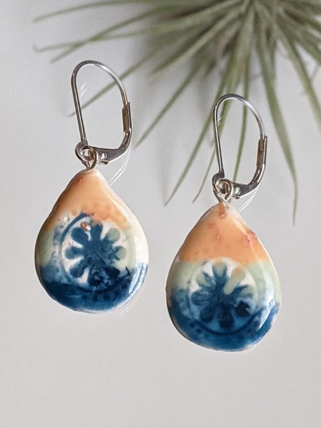 Ceramic Teardrop Earring REVERSIBLE Embossed Mandala Dangle 051