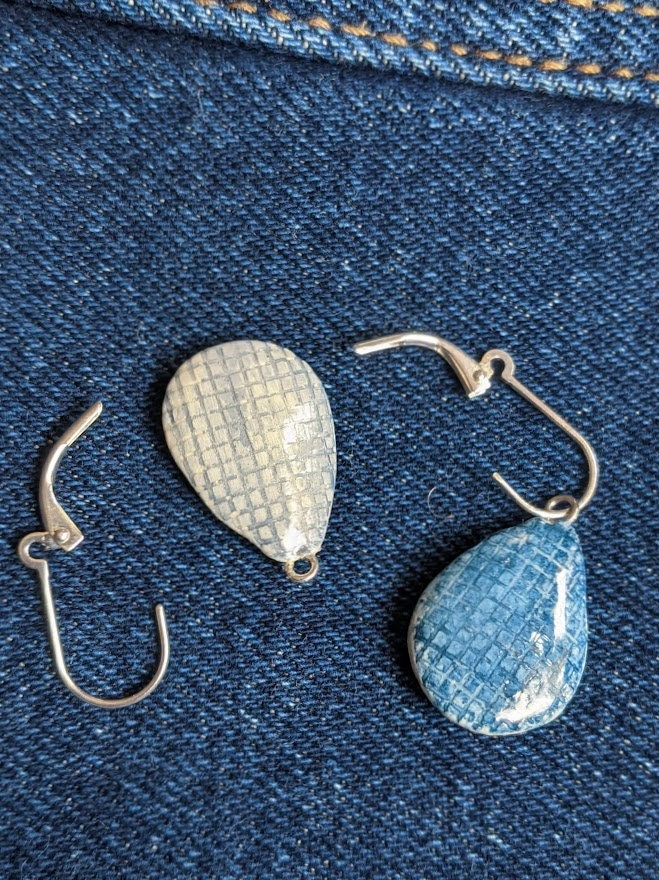 Blue Denim Jeans Teardrop REVERSIBLE Dangle Earrings 031