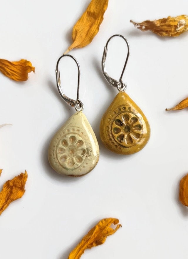 Boho Mandala Teardrop Earrings Ceramic REVERSIBLE Yellow Dangles 032