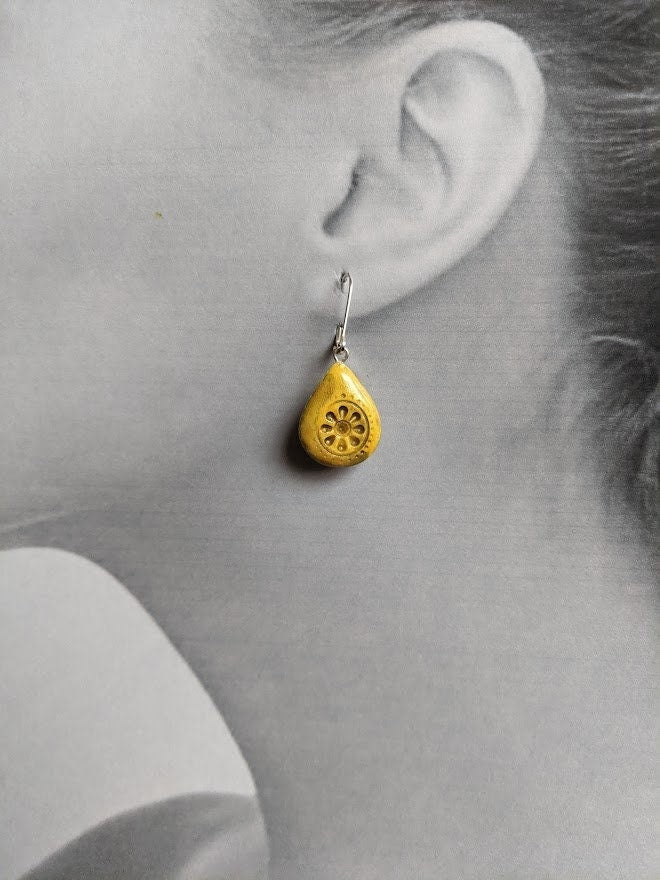 Boho Mandala Teardrop Earrings Ceramic REVERSIBLE Yellow Dangles 032