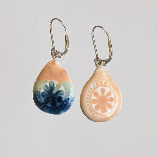 Ceramic Teardrop Earring REVERSIBLE Embossed Mandala Dangle 051