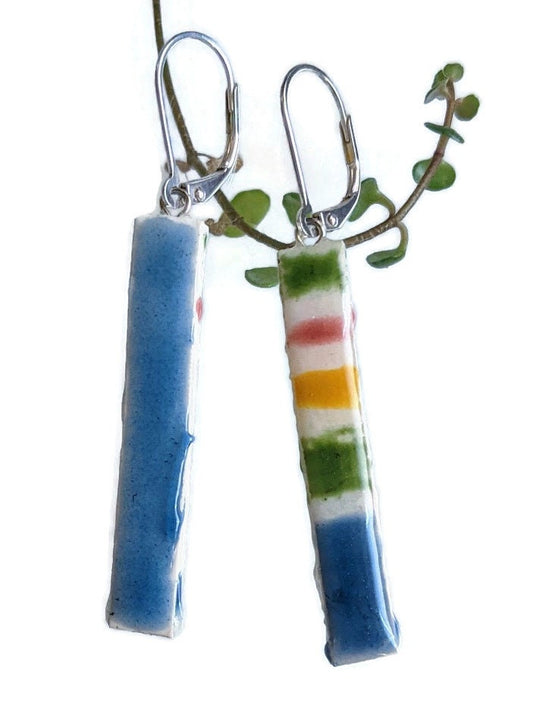 Striped Bar Earrings Handmade Ceramic REVERSIBLE Dangles 014