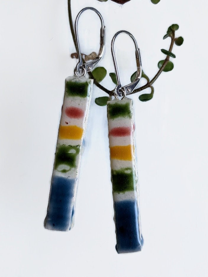 Striped Bar Earrings Handmade Ceramic REVERSIBLE Dangles 014