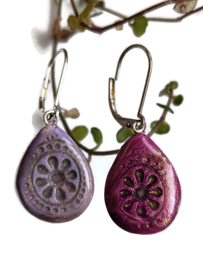 Amethyst Mandala Teardrop Earrings REVERSIBLE Ceramic Dangles