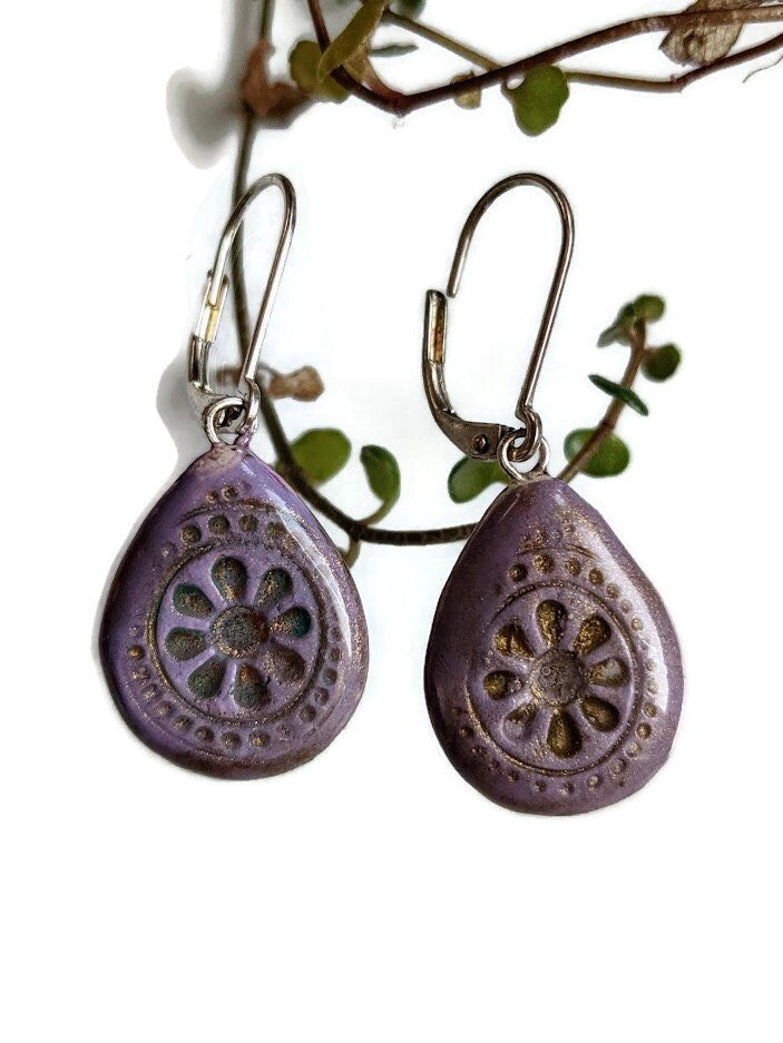 Amethyst Mandala Teardrop Earrings REVERSIBLE Ceramic Dangles