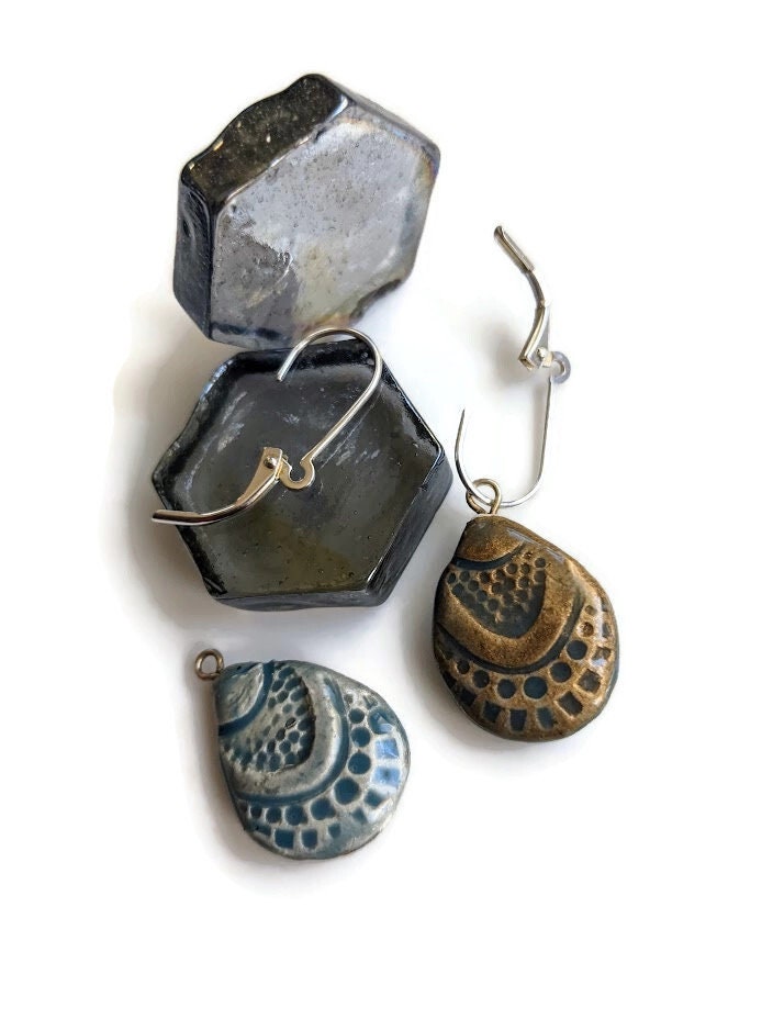 Aegean Blue Teardrop Earrings REVERSIBLE Clay Tile Jewelry