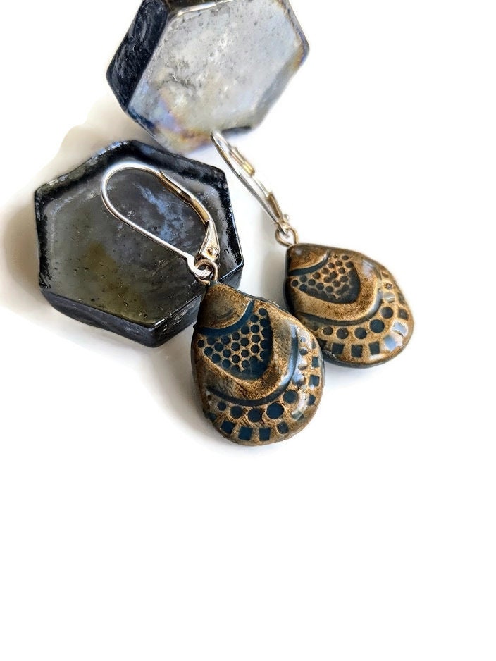 Aegean Blue Teardrop Earrings REVERSIBLE Clay Tile Jewelry