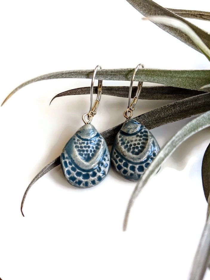 Mosaic Tile Earrings REVERSIBLE Silver and Blue high quality Leaf Dangles 052