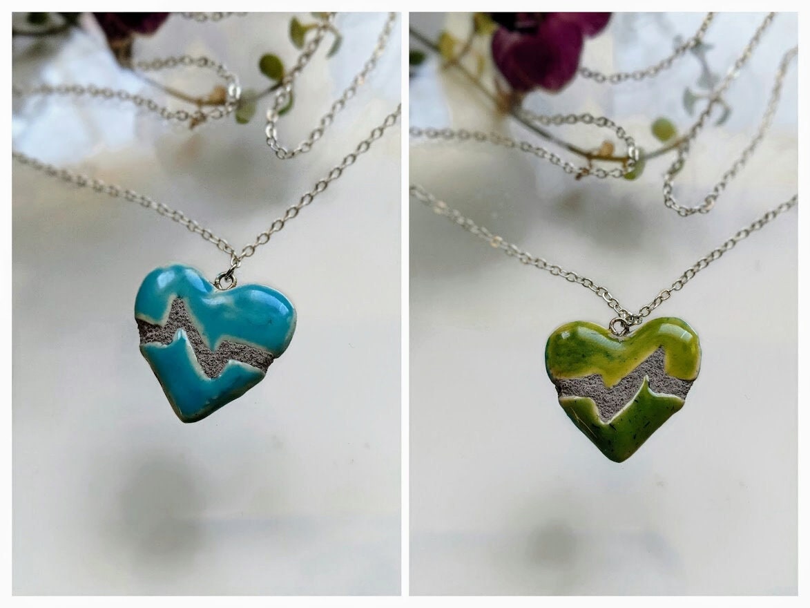 Beating Heart Necklace Turquoise and Jade REVERSIBLE Mosaic Tile Heartbeat Pendant