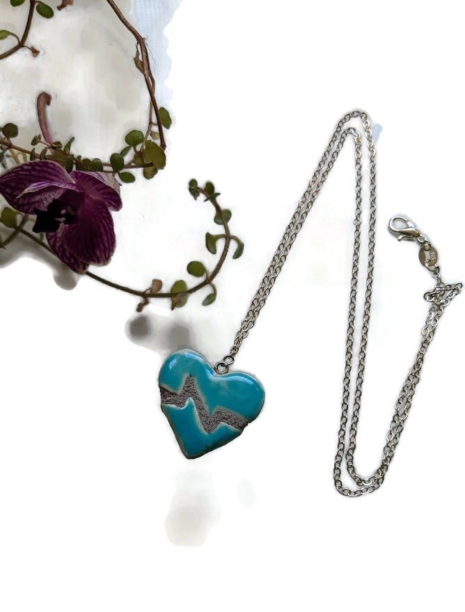 Beating Heart Necklace Turquoise and Jade REVERSIBLE Mosaic Tile Heartbeat Pendant