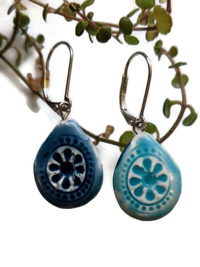 Turquoise and Navy Ceramic Teardrop Earrings REVERSIBLE 023