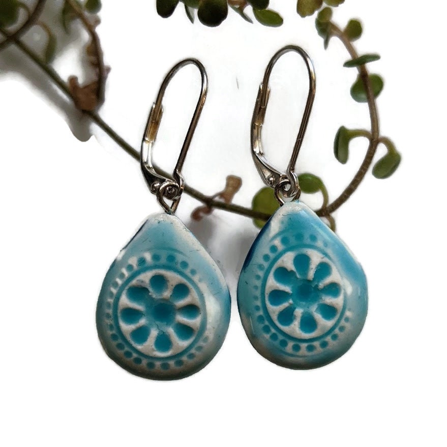 Turquoise and Navy Ceramic Teardrop Earrings REVERSIBLE 023