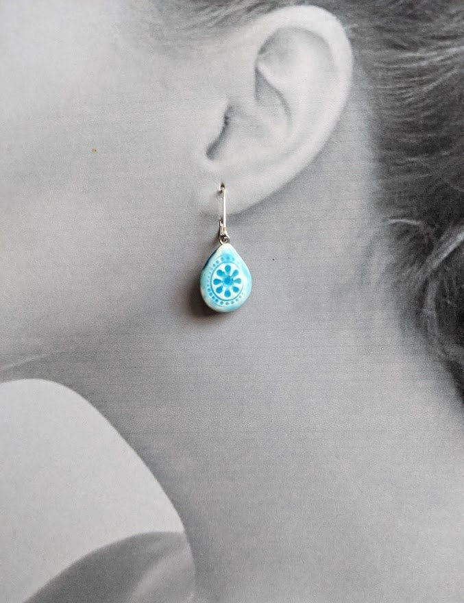 Turquoise and Navy Ceramic Teardrop Earrings REVERSIBLE 023