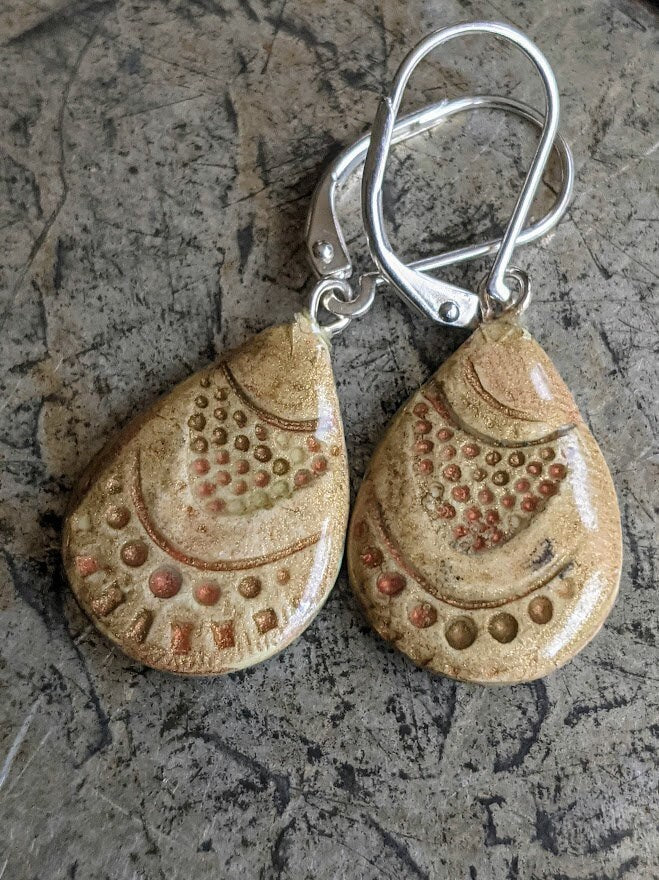 Ceramic Seashell Teardrop Earrings REVERSIBLE Turquoise and Beige Dangles 030