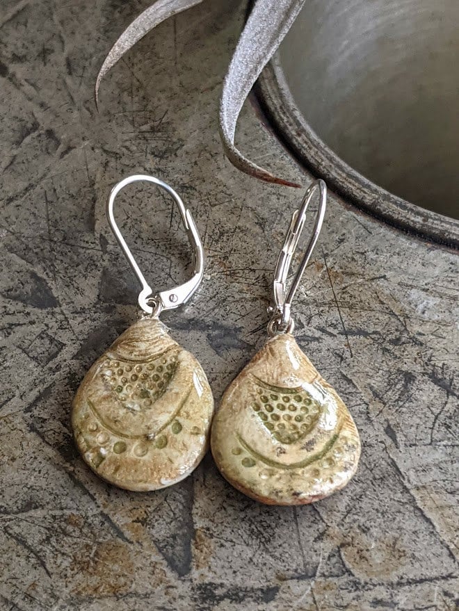 Seashell Teardrop Earrings REVERSIBLE Ceramic Tile Dangles 029