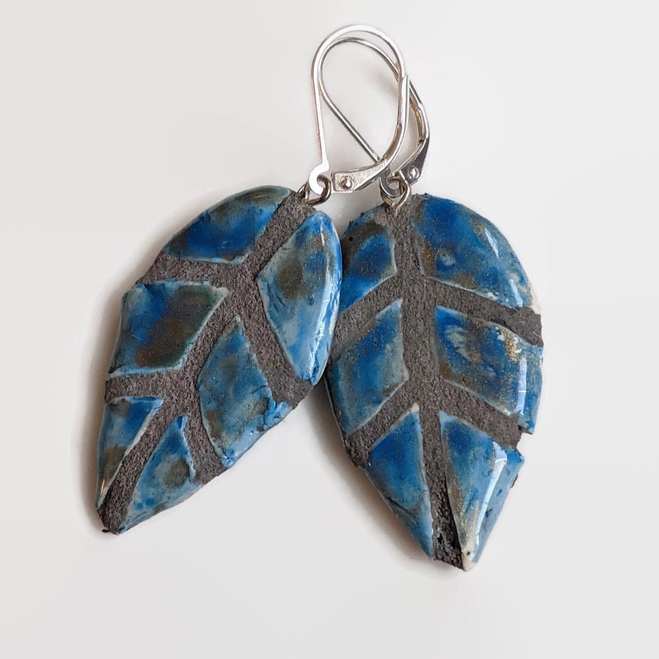 Blue Leaf Earrings REVERSIBLE Mosaic Tile with Silver and Gold Leaf Dangles 052